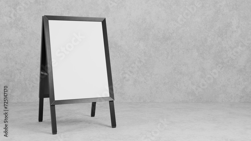 Portable street advertising board. Wooden sandwich panel on gray concrete background. 3D rendering. photo