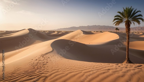 a serene desert landscape with sand dunes and palm trees  reminiscent of landscapes found in many Islamic regions.