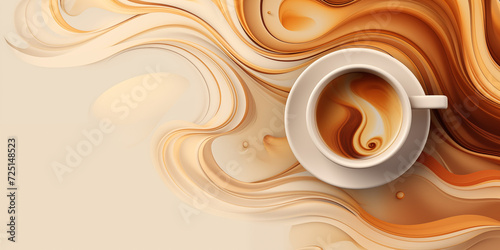 Coffee background, a cup of coffee against a background of soft waves in brown tones, top view