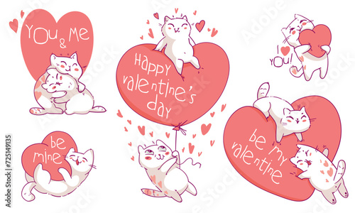 Valentines Day with cute cartoon cats. Be my Valentine. I love you. Colorful cartoon character. Funny vector illustration. Greeting card template