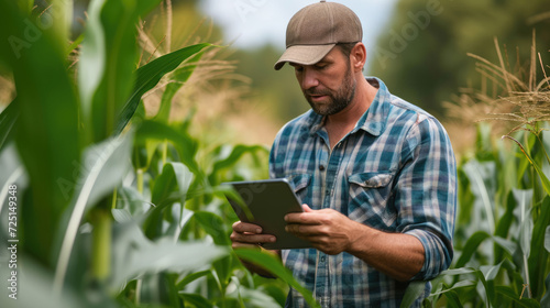 Happy farmer stands and smile holds tablet in his hands against background of working tractor in field. Concept ecology  transport  outdoor nature  clean air  food. Natural production bio product.