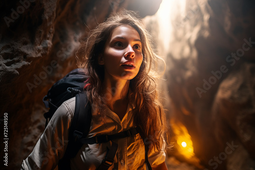 Beautiful young woman with a backpack and baseball cap scared and lost in a cave lit by a ray of light from a skylight