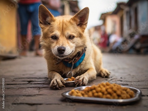 street dog with a bowl of food