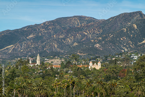 Canvas Print Santa Barbara, CA, USA - November 30, 2023: Santa Barbara County Courthouse lookout tower view on Old Mission double tower and Saint Anthony Seminary tower