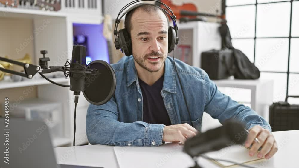 Hispanic man with beard in studio using microphone and headphones for podcast recording indoors. Hispanic man with beard in studio using microphone and headphones for podcast recording indoors.