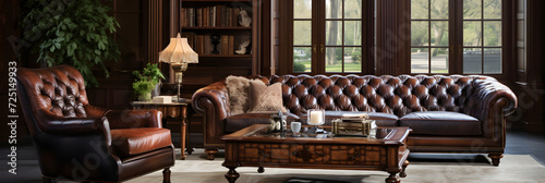 EJ Victor's Exquisite Furniture - Luxurious Leather Couch and Mahogany Coffee Table in Upscale Interior © Adrian
