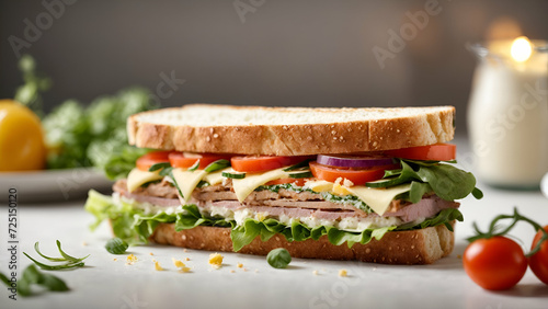A classic sub sandwich with assorted deli meats and fresh vegetables placed on a wooden table