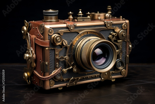 Vintage Steampunk Camera with Brass Lenses and Leather Straps