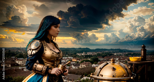 Abstract image of a woman in a suit with mechanical elements against the backdrop of the old city. In steampunk style.