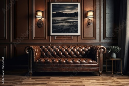 Brown leather sofa on wood flooring in a vintage interior room with dark frames © Vusal