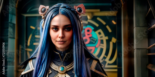 Abstract close-up image of a woman with blue hair and a suit with gold metallic accents against the background of a brick building.