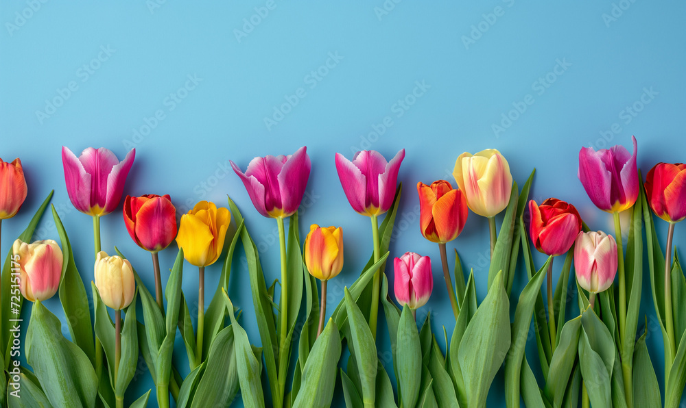 Colorful blooming tulips border banner on blue backgroundColorful blooming tulips border banner on blue background