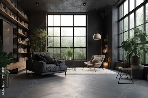 Interior of a dark living room with a concrete floor  an armchair  a coffee table  shelves  and a large window with a view. Scandinavian simple design idea for unwinding and comfort
