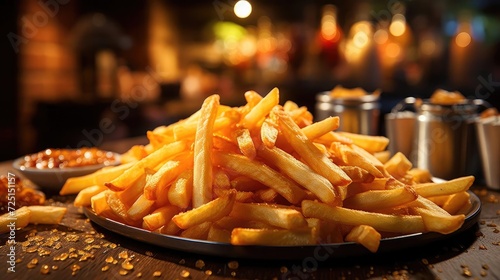 Delicious French fries, crunchy, salty, tasty, with blur background