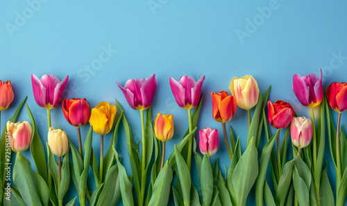 Colorful blooming tulips border banner on blue backgroundColorful blooming tulips border banner on blue background