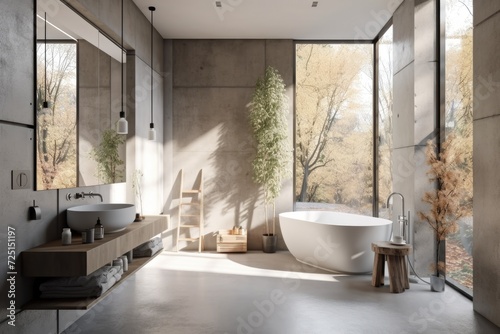 Idea for a concrete panoramic bathroom. White sink  big window  and floor and walls made of concrete. a lateral view a mockup
