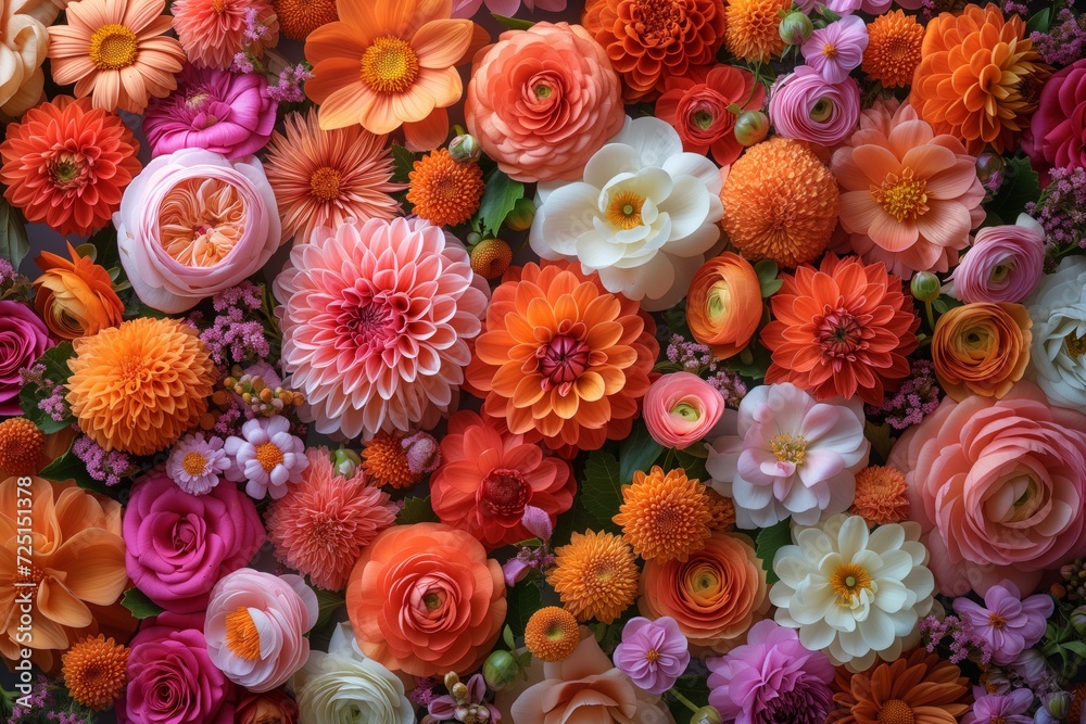 A collage that forms a vibrant and trendy floral mosaic. This collage feature a peony, dahlia, and ranunculus, each known for their bold colors.