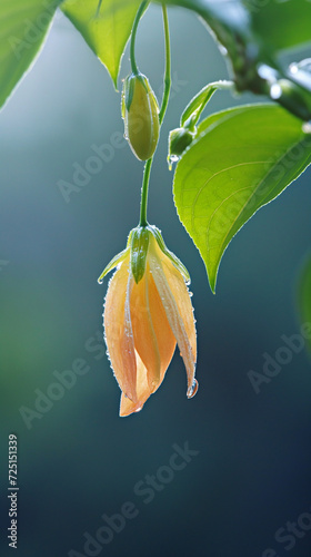 A long lantern flower is hanging. There are two buds on the flower branch. There are three tender green leaves. The dewdrops are crystal clear. Ultra-high-definition vision, realism