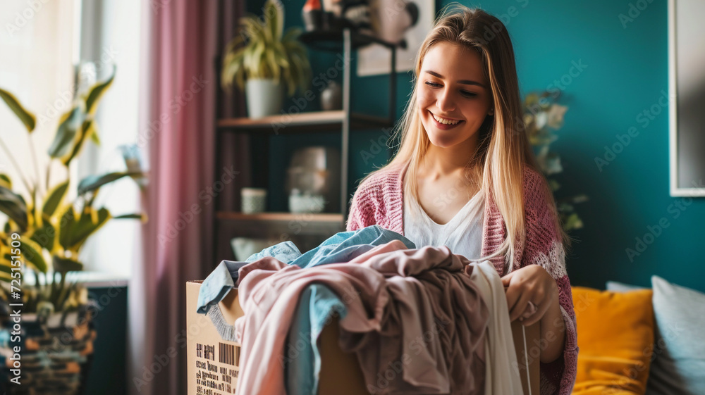 Woman sorting old clothes to donate, recycle and declutter