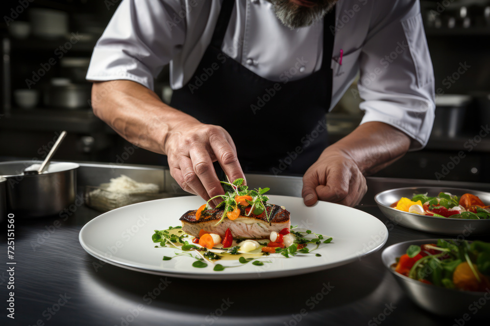 The Skilled Chef's Delight: A Caucasian Professional Cook Preparing a Delicious Gourmet Dish with Fresh Ingredients, Embracing the Culinary Industry's Passion and Precision, in a Busy Restaurant