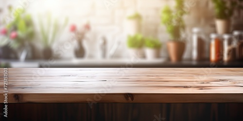 Blurred kitchen interior as a table top backdrop.