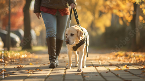 Person walking with a guide dog in a harness, leading the way.