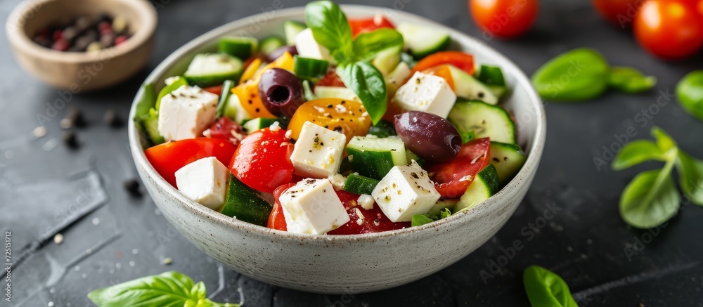 Healthy diet bowls filled with vegetables such as cheese, cucumber, olives, and tomatoes, resembling a Greek salad.