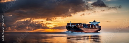 A cargo ship sails in the sea at sunset