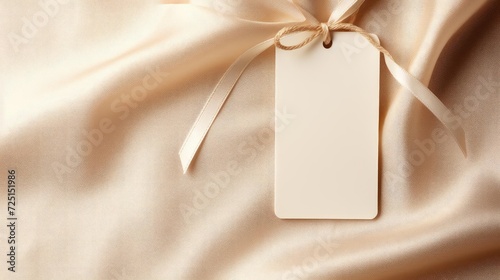 white blank tag with a rope for mockup on cream color background