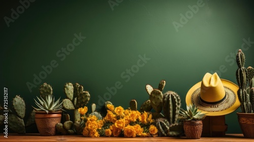Cinco de Mayo banner background concept with sombrero hat ornament, cactus and flowers © GradPlanet
