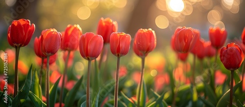 Selective soft focus  bokeh captures the beauty of blooming red tulips in a sunny garden during Spring.