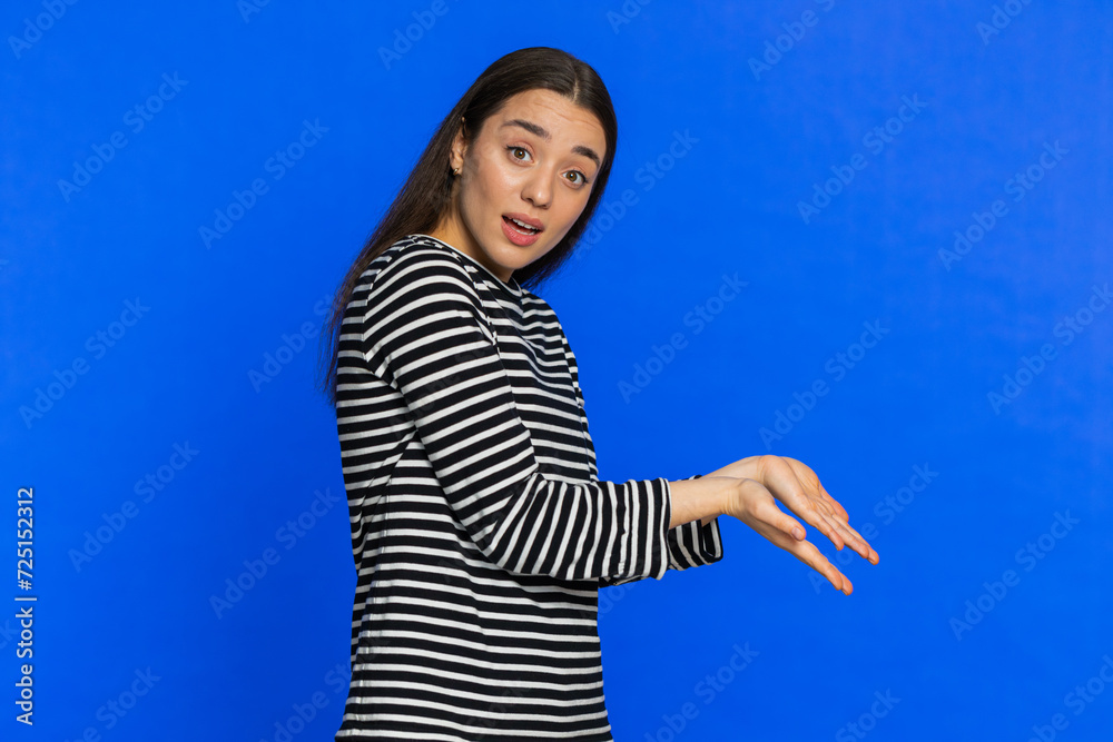 Woman raising hands asking what why reason of failure, demonstrating ...