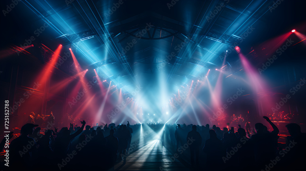 Red and blue laser neon light rays flash and shine. Pop, rock and rap music show in a festive concert club and music hall