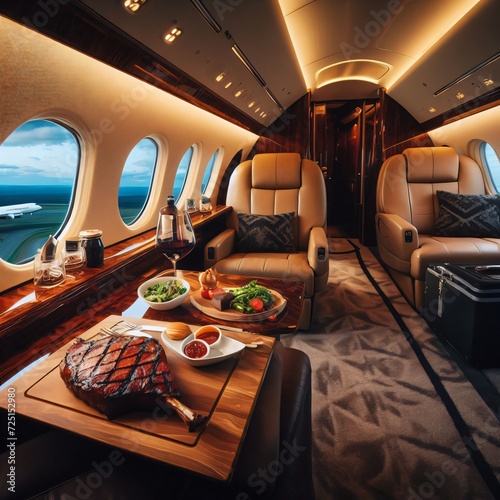 Steak meal in private jet parked on landing strip