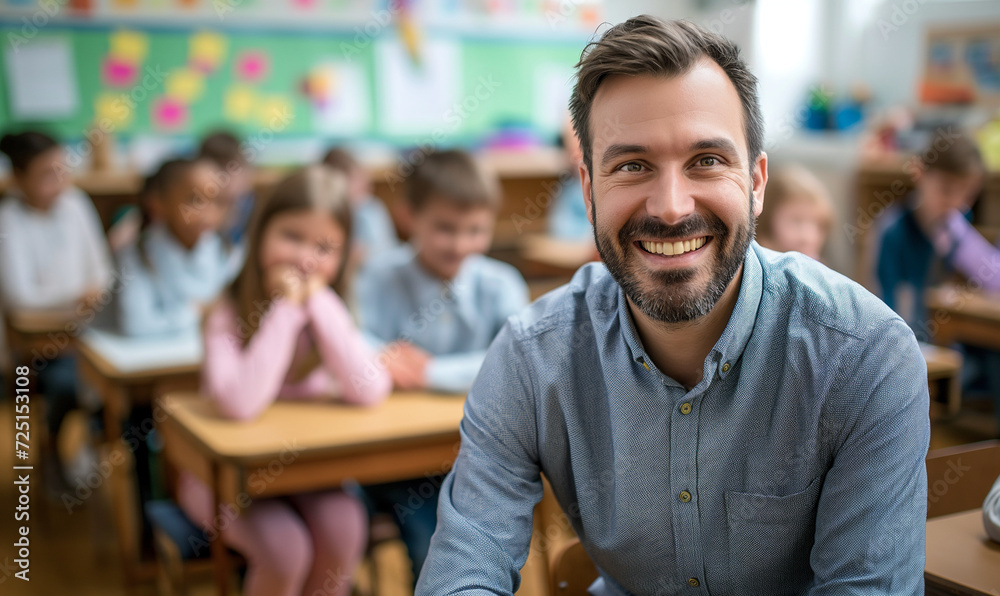 Portrait of smiling male teacher in a class at elementary school looking at camera with learning students on background Portrait of smiling male teacher in a class at elementary school looking at camera with learning students on background