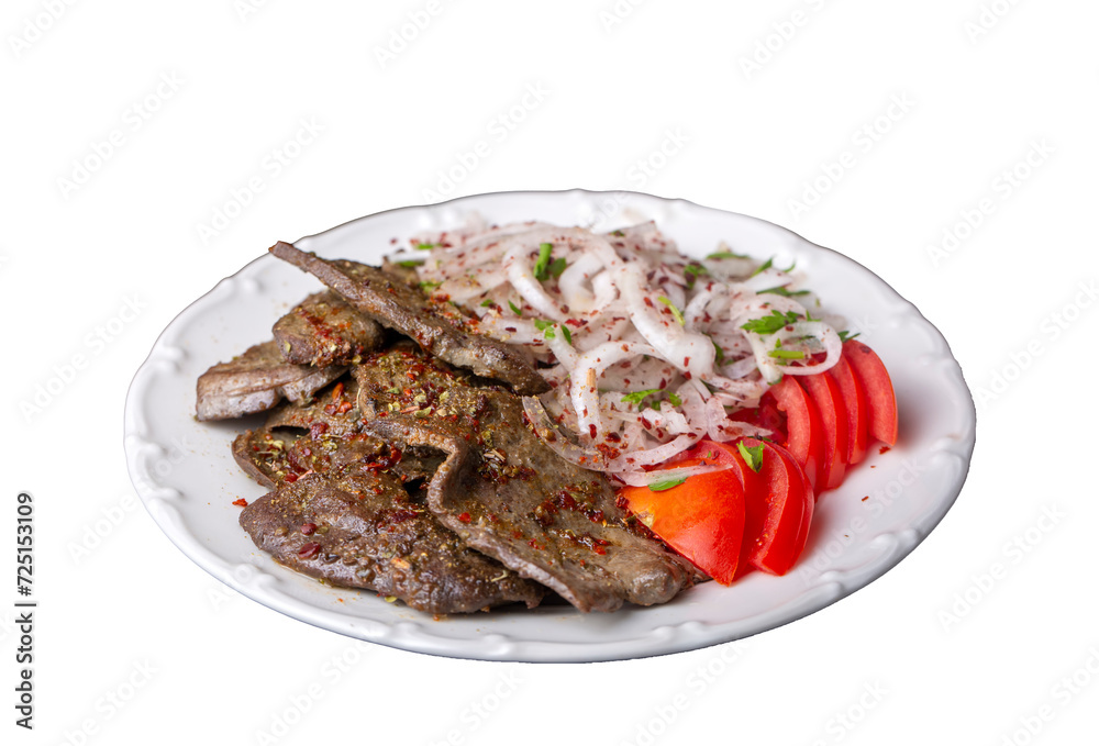 Traditional Turkish Liver kebab cuisine. Leaf Liver spicy. Delicious turkish ciger. (Turkish name; yaprak ciger) Traditional Turkish Liver kebab cuisine. Leaf Liver spicy. Delicious turkish ciger. (Turkish name; yaprak ciger)