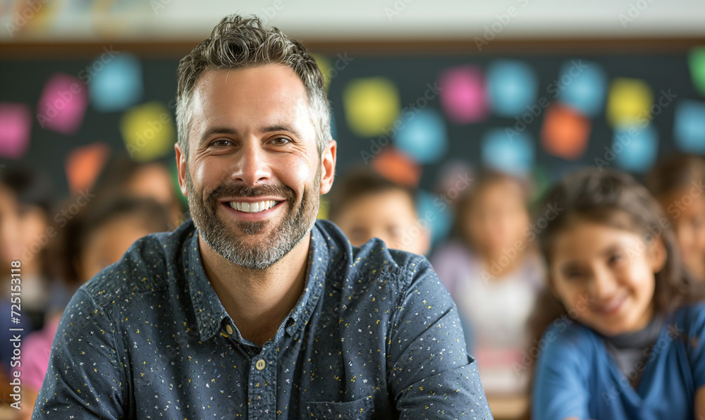 Fototapeta premium Portrait of smiling male teacher in a class at elementary school looking at camera with learning students on background