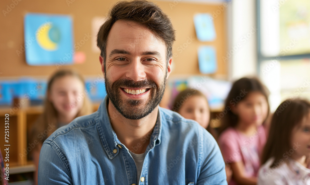 Obraz premium Portrait of smiling male teacher in a class at elementary school looking at camera with learning students on background