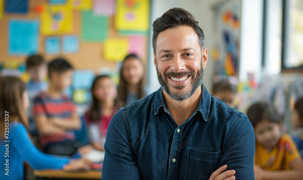 Obraz premium Portrait of smiling male teacher in a class at elementary school looking at camera with learning students on background