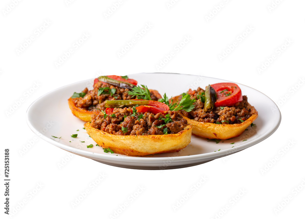 Traditional Turkish food; baked potato dish with minced meat, Turkish name; Patates karniyarik Traditional Turkish food; baked potato dish with minced meat, Turkish name; Patates karniyarik