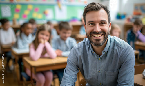 Portrait of smiling male teacher in a class at elementary school looking at camera with learning students on background