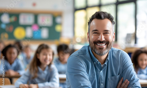 Portrait of smiling male teacher in a class at elementary school looking at camera with learning students on background © Natali