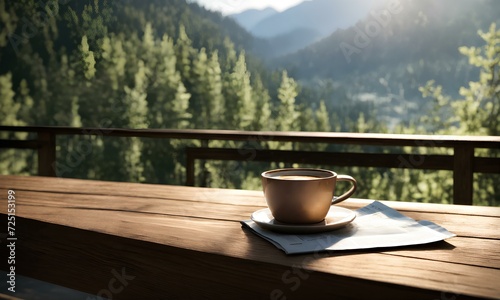 テーブルの上のコーヒー カップのクローズ アップ。ゆったりとした朝の風景｜Close up of coffee cup on table. A relaxing morning scenery. Generative AI