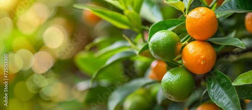 Calamansi or calamondin lime, a compact shrub with small orange fruits and green leaves, is often used for decorative purposes in outdoor spaces.