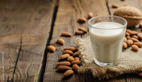 almond milk in a glass with almonds on a wooden table, banner with copy space