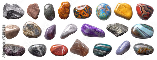 Collage of colorful river stones over isolated transparent background