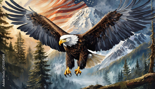 American Eagle Mountain Scenery - Painting Style - Bald Eagle - USA