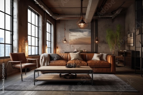 Interior of a loft style industrial living room with a leather sofa, wood tables, and a concrete wall