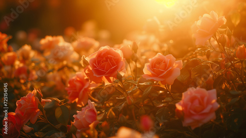 Rose garden at golden hour, warm light filtering through, elegant and luxurious flower background photo