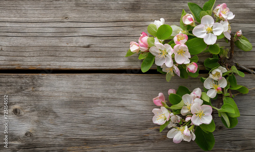 Spring apple blossoms flowering branch on wooden background